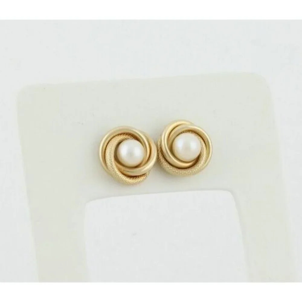10k Yellow Gold Freshwater Pearl Knot Earrings Stud Post - Picture 7 of 9